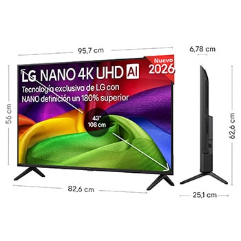 LG NANO 4K UHD AI NU80 shown in front and side views highlights a 43-inch display with a 957 mm-wide screen, 560 mm screen height, 626 mm height with stand, a 67.8 mm profile depth, and a stand footprint measuring 826 by 251 mm.