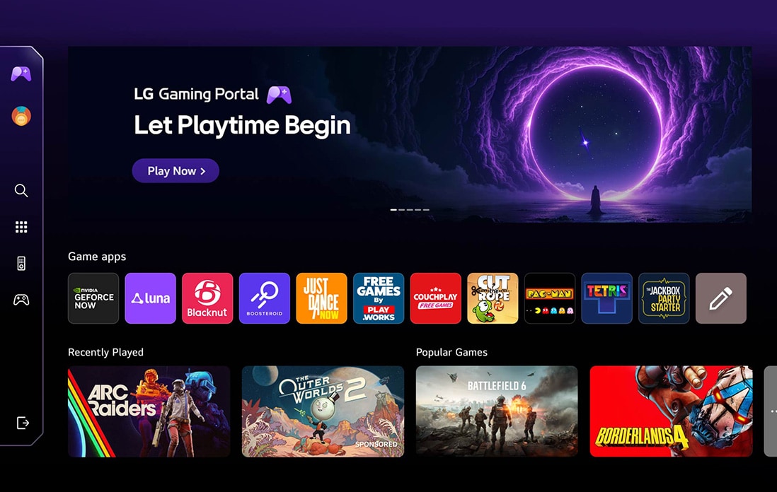 LG NANO 4K UHD AI NU80 incorpora el LG Gaming Portal con un diseño de hub de juegos, combinando contenido destacado y mosaicos de juego en una interfaz unificada que se amplía para ofrecer acceso a aplicaciones de juegos GeForce NOW y webOS.