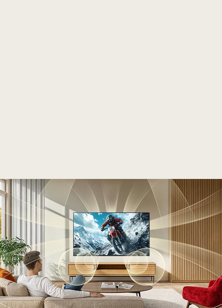 LG NANO 4K UHD AI NU80 con Virtual 9.1.2 Ch by AI Sound llena un espacio moderno, rodeando la sala de sonido multidireccional para una experiencia profundamente inmersiva.