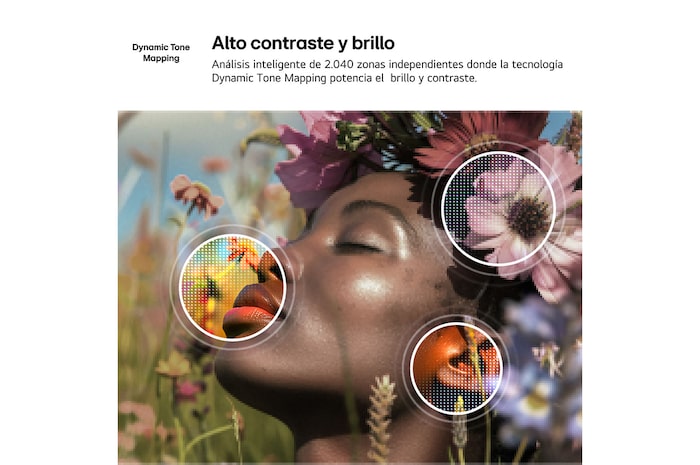 LG NANO 4K UHD AI NU85 enables 4K Super Upscaling with Dynamic Tone Mapping, showing a close-up portrait with flowers as AI refines each frame to enhance skin texture, fine details, and natural color up to 4K resolution.