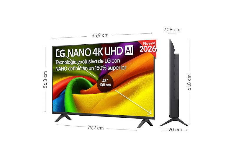 LG NANO 4K UHD AI NU85 shown in front and side views highlights a 43-inch display with a 959 mm-wide screen, 563 mm screen height, 618 mm height with stand, a 70.8 mm profile depth, and a stand footprint measuring 792 by 200 mm.