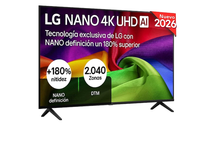 The front view of LG NANO 4K UHD AI NU80, released in 2026, fills the screen with richly textured, fabric-like color layers, where vibrant multicolored folds intertwine smoothly across the display.