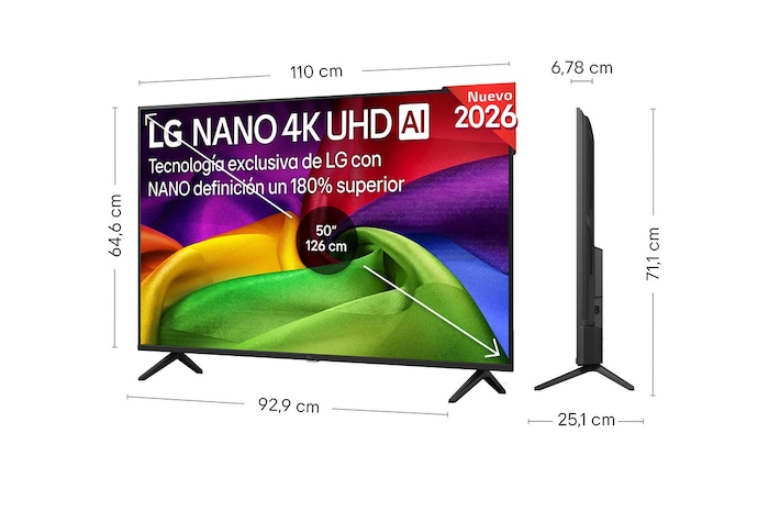 LG NANO 4K UHD AI NU80 shown in front and side views highlights a 43-inch display with a 957 mm-wide screen, 560 mm screen height, 626 mm height with stand, a 67.8 mm profile depth, and a stand footprint measuring 826 by 251 mm.