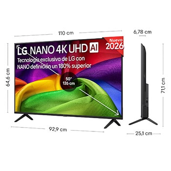LG NANO 4K UHD AI NU80 shown in front and side views highlights a 43-inch display with a 957 mm-wide screen, 560 mm screen height, 626 mm height with stand, a 67.8 mm profile depth, and a stand footprint measuring 826 by 251 mm.