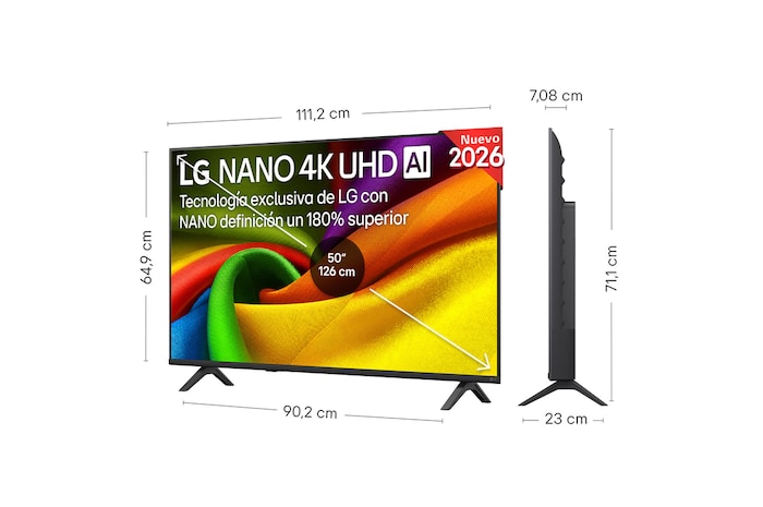 LG NANO 4K UHD AI NU85 shown in front and side views highlights a 43-inch display with a 959 mm-wide screen, 563 mm screen height, 618 mm height with stand, a 70.8 mm profile depth, and a stand footprint measuring 792 by 200 mm.
