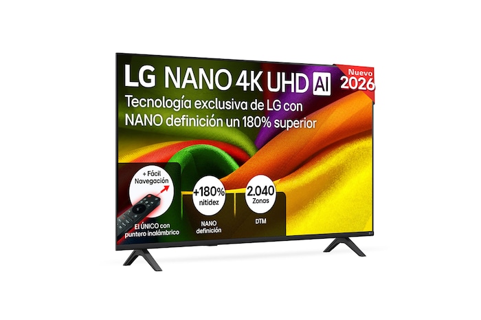The front view of LG NANO 4K UHD AI NU85, released in 2026, fills the screen with smooth, flowing layers of vividly colored, fabric-like textures, as curved multicolored folds spread across the display.