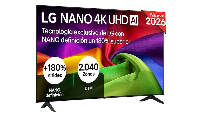 The front view of LG NANO 4K UHD AI NU80, released in 2026, fills the screen with richly textured, fabric-like color layers, where vibrant multicolored folds intertwine smoothly across the display.