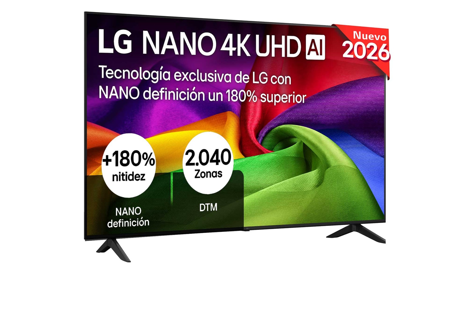The front view of LG NANO 4K UHD AI NU80, released in 2026, fills the screen with richly textured, fabric-like color layers, where vibrant multicolored folds intertwine smoothly across the display.