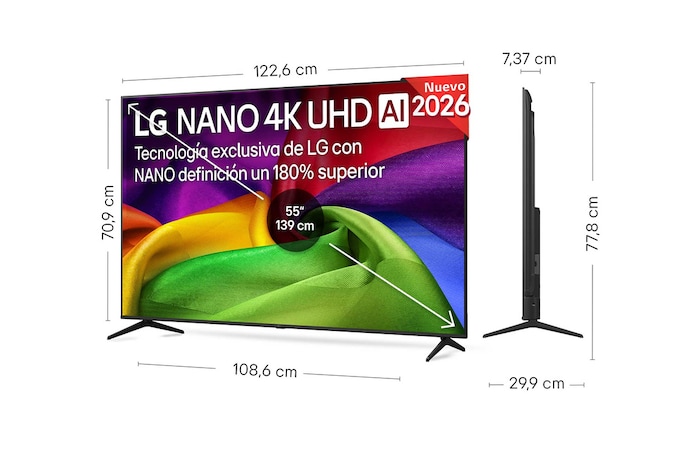 LG NANO 4K UHD AI NU80 shown in front and side views highlights a 43-inch display with a 957 mm-wide screen, 560 mm screen height, 626 mm height with stand, a 67.8 mm profile depth, and a stand footprint measuring 826 by 251 mm.