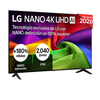 The front view of LG NANO 4K UHD AI NU80, released in 2026, fills the screen with richly textured, fabric-like color layers, where vibrant multicolored folds intertwine smoothly across the display.