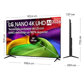 LG NANO 4K UHD AI NU80 shown in front and side views highlights a 43-inch display with a 957 mm-wide screen, 560 mm screen height, 626 mm height with stand, a 67.8 mm profile depth, and a stand footprint measuring 826 by 251 mm.