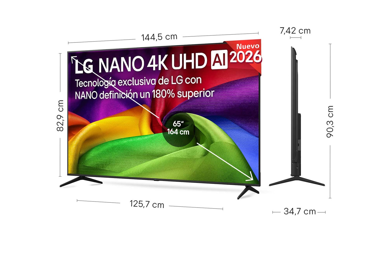 LG NANO 4K UHD AI NU80 shown in front and side views highlights a 43-inch display with a 957 mm-wide screen, 560 mm screen height, 626 mm height with stand, a 67.8 mm profile depth, and a stand footprint measuring 826 by 251 mm.