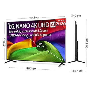 LG NANO 4K UHD AI NU80 shown in front and side views highlights a 43-inch display with a 957 mm-wide screen, 560 mm screen height, 626 mm height with stand, a 67.8 mm profile depth, and a stand footprint measuring 826 by 251 mm.