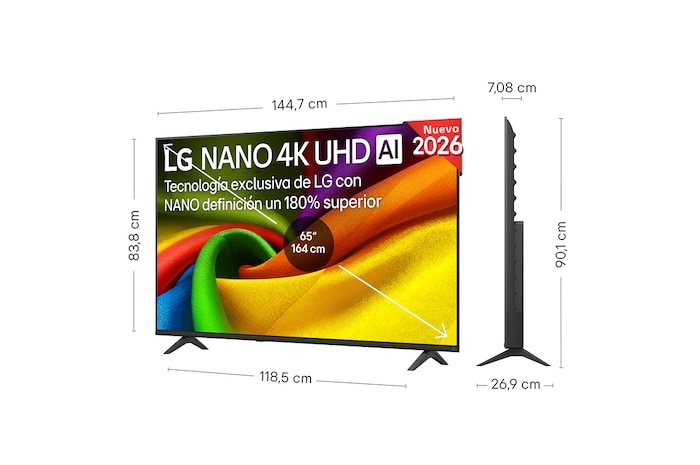 LG NANO 4K UHD AI NU85 shown in front and side views highlights a 43-inch display with a 959 mm-wide screen, 563 mm screen height, 618 mm height with stand, a 70.8 mm profile depth, and a stand footprint measuring 792 by 200 mm.