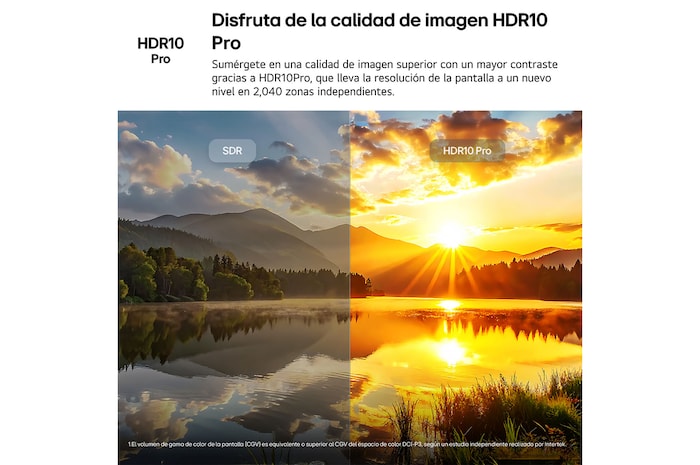 LG NANO 4K UHD AI NU80 highlights HDR10 Pro in a split scenic image comparing SDR and HDR10 Pro, revealing brighter highlights, deeper shadows, and enhanced contrast in a sunset lake scene for richer detail and clarity.