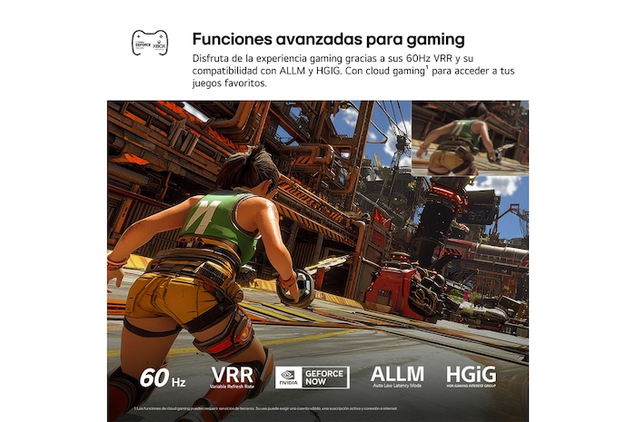 LG NANO 4K UHD AI NU80 for Ultimate Gameplay shows a fast-paced action game scene with a comparison inset highlighting smoother motion, while supporting up to 60Hz, VRR, ALLM, HGiG, and GeForce NOW.