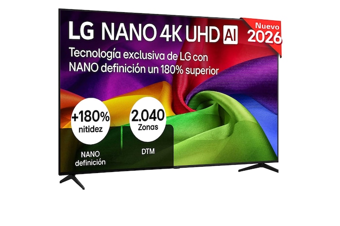The front view of the LG NANO 4K UHD AI NU80, released in 2026, displays vividly colored, fabric-like textures on screen, featuring Nano Detail Enhancer, an α7 AI Processor 4K Gen9, HDR10 Pro, webOS, and a 85-inch display.