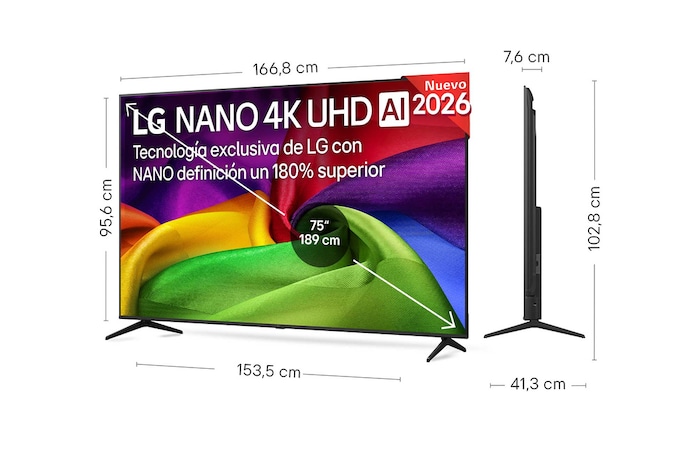 LG NANO 4K UHD AI NU80 shown in front and side views highlights an 85-inch display with a 1890 mm-wide screen, 1081 mm screen height, 1154 mm height with stand, an 80.4 mm profile depth, and a stand footprint measuring 1713 by 422 mm.