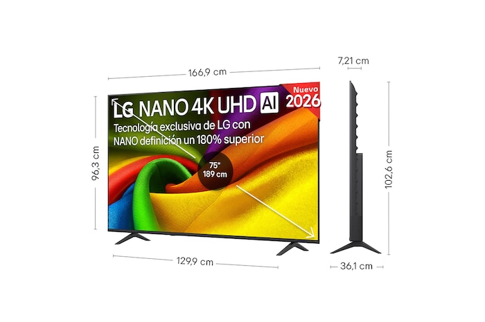 LG NANO 4K UHD AI NU85 shown in front and side views highlights a 43-inch display with a 959 mm-wide screen, 563 mm screen height, 618 mm height with stand, a 70.8 mm profile depth, and a stand footprint measuring 792 by 200 mm.