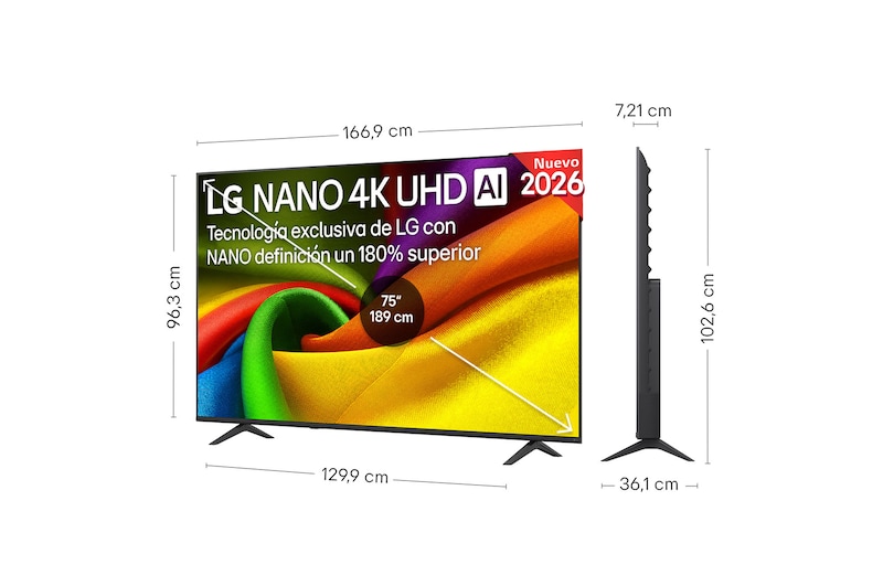 LG NANO 4K UHD AI NU85 shown in front and side views highlights a 43-inch display with a 959 mm-wide screen, 563 mm screen height, 618 mm height with stand, a 70.8 mm profile depth, and a stand footprint measuring 792 by 200 mm.