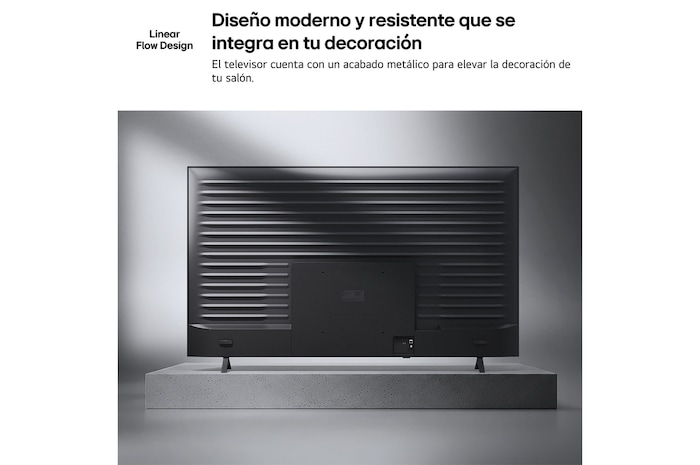 LG NANO 4K UHD AI NU85 is shown from the back, revealing a metallic rear panel with evenly spaced horizontal ridges that create a clean, structured look and emphasize the Linear Flow Design across the entire surface.