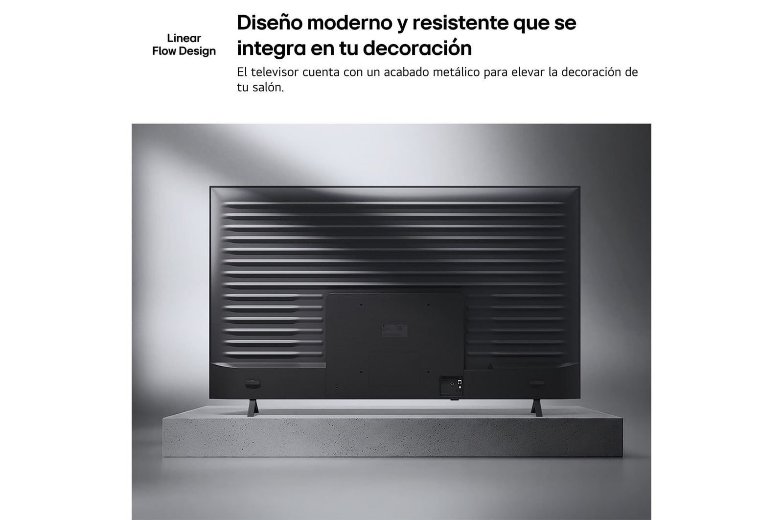 LG NANO 4K UHD AI NU85 is shown from the back, revealing a metallic rear panel with evenly spaced horizontal ridges that create a clean, structured look and emphasize the Linear Flow Design across the entire surface.