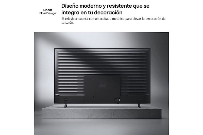 LG NANO 4K UHD AI NU85 is shown from the back, revealing a metallic rear panel with evenly spaced horizontal ridges that create a clean, structured look and emphasize the Linear Flow Design across the entire surface.