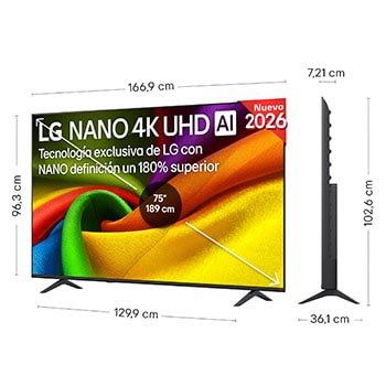 LG NANO 4K UHD AI NU85 shown in front and side views highlights a 43-inch display with a 959 mm-wide screen, 563 mm screen height, 618 mm height with stand, a 70.8 mm profile depth, and a stand footprint measuring 792 by 200 mm.