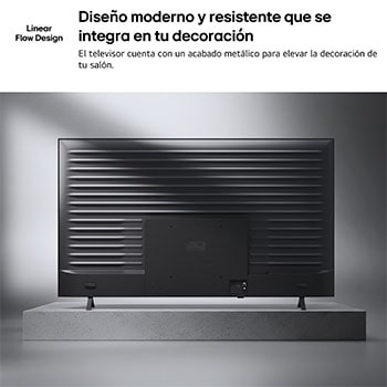LG NANO 4K UHD AI NU85 is shown from the back, revealing a metallic rear panel with evenly spaced horizontal ridges that create a clean, structured look and emphasize the Linear Flow Design across the entire surface.