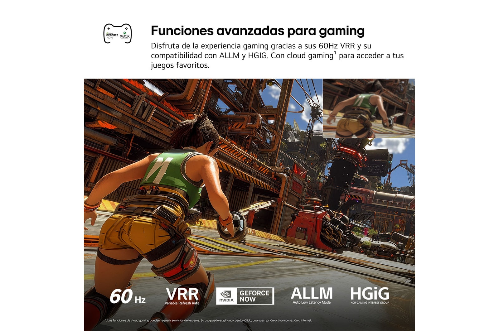 LG NANO 4K UHD AI NU80 for Ultimate Gameplay shows a fast-paced action game scene with a comparison inset highlighting smoother motion, while supporting up to 60Hz, VRR, ALLM, HGiG, and GeForce NOW.