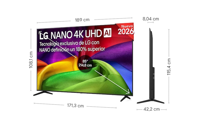 LG NANO 4K UHD AI NU80 shown in front and side views highlights an 85-inch display with a 1890 mm-wide screen, 1081 mm screen height, 1154 mm height with stand, an 80.4 mm profile depth, and a stand footprint measuring 1713 by 422 mm.