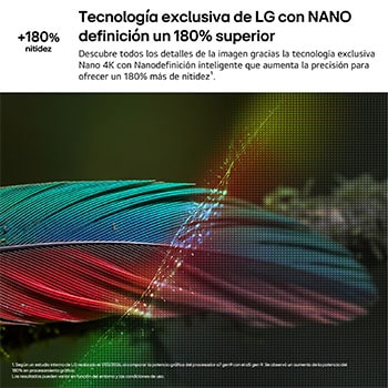 LG NANO 4K UHD AI NU80 with Nano Detail Enhancer shows a feather image, powered by the alpha AI Processor that detects fine textures to enhance contrast and depth and deliver a clearer, more three-dimensional 4K picture.