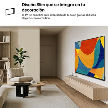 LG NANO 4K UHD AI NU80 with a Slim Design is wall-mounted in a bright, open living space, featuring a sleek profile that blends seamlessly into the interior while displaying vibrant, multicolored abstract shapes across the screen.