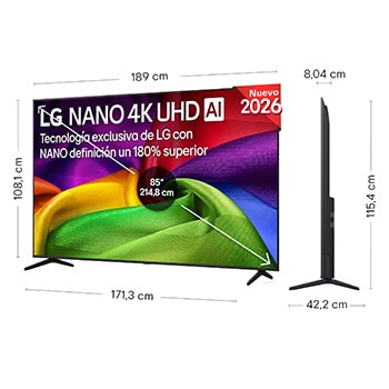 LG NANO 4K UHD AI NU80 shown in front and side views highlights an 85-inch display with a 1890 mm-wide screen, 1081 mm screen height, 1154 mm height with stand, an 80.4 mm profile depth, and a stand footprint measuring 1713 by 422 mm.