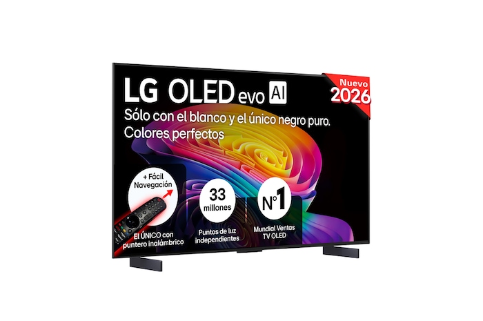 The front view of LG OLED evo AI C6, released in 2026, features a slim black bezel, with a vivid, sculpted swirl of layered rainbow tones flowing across the screen.