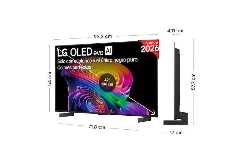 LG OLED evo AI C6 shown in front and side views highlights a 42-inch display with a 932 mm-wide screen, an overall height of 540 mm, and an ultra-slim 41.1 mm depth without a stand.