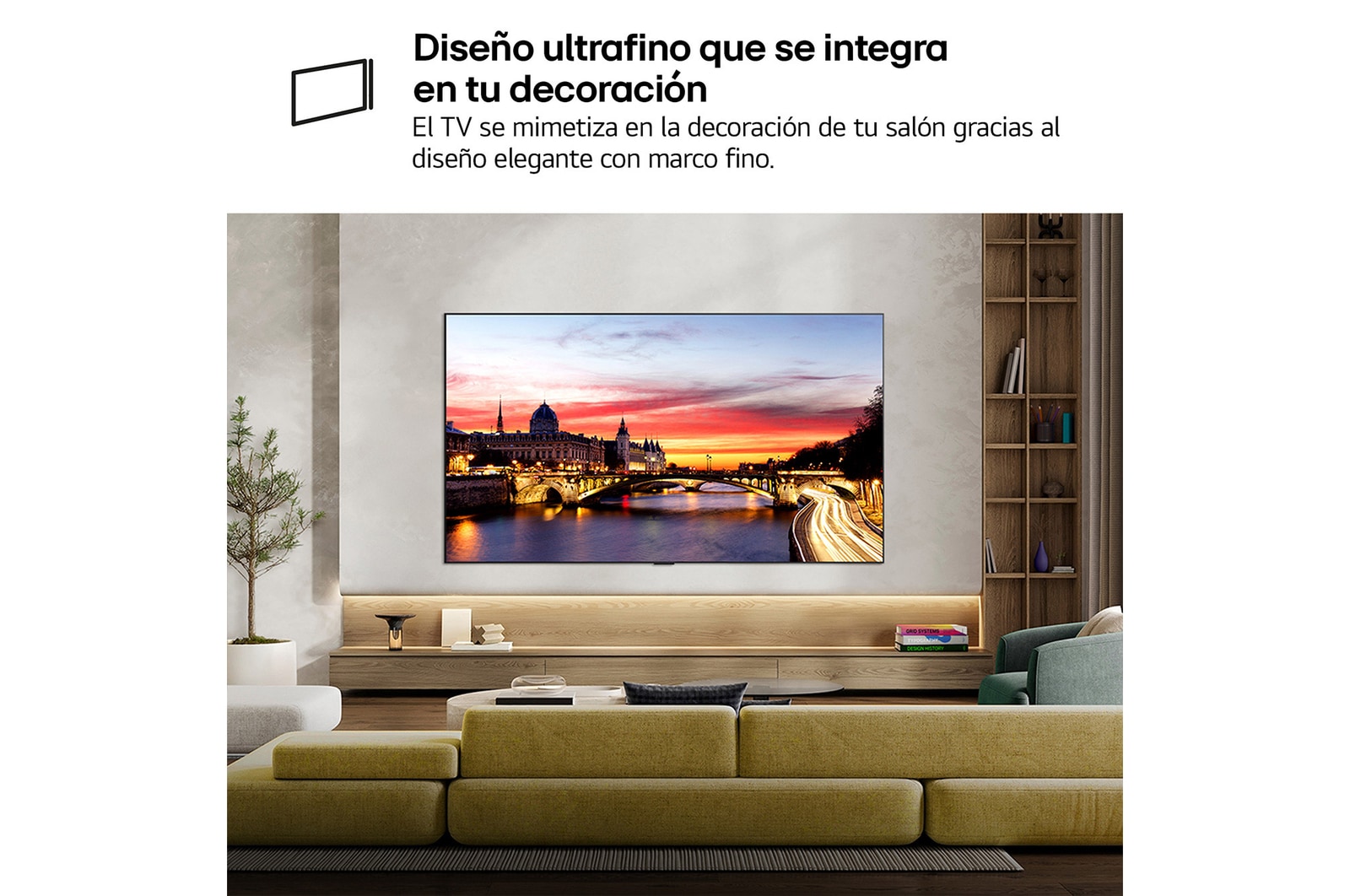 LG OLED evo AI C6 is wall-mounted in a styled living space, featuring an ultra-slim design with narrow bezels, and it displays a riverside cityscape at sunset on screen. 
