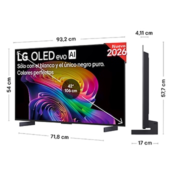 LG OLED evo AI C6 shown in front and side views highlights a 42-inch display with a 932 mm-wide screen, an overall height of 540 mm, and an ultra-slim 41.1 mm depth without a stand.