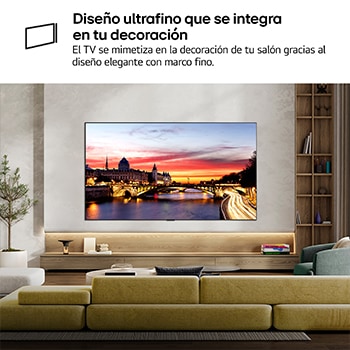 LG OLED evo AI C6 is wall-mounted in a styled living space, featuring an ultra-slim design with narrow bezels, and it displays a riverside cityscape at sunset on screen. 