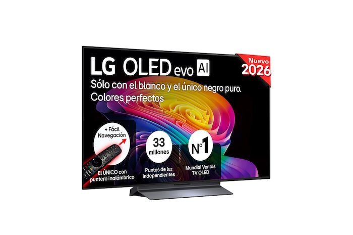 The front view of LG OLED evo AI C6, released in 2026, features a slim black bezel, with a vivid, sculpted swirl of layered rainbow tones flowing across the screen.