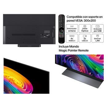 LG OLED evo AI C6 shown in front and side views highlights a 48-inch display with a 1071 mm-wide screen, an overall height of 620 mm, and an ultra-slim 46.9 mm depth without a stand.