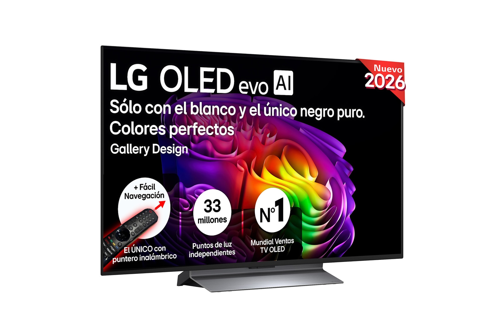The front view of LG OLED evo AI G6, released in 2026, features a slim black bezel, with a vivid, sculptural image of richly layered, multicolored forms filling the screen.