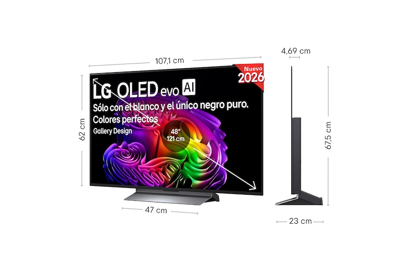 LG OLED evo AI G6 shown in front and side views highlights an 48-inch display with a 1071 mm-wide screen, 620 mm screen height, 675 mm height with stand, a 46.9 mm depth, and a stand footprint measuring 470 by 230 mm.