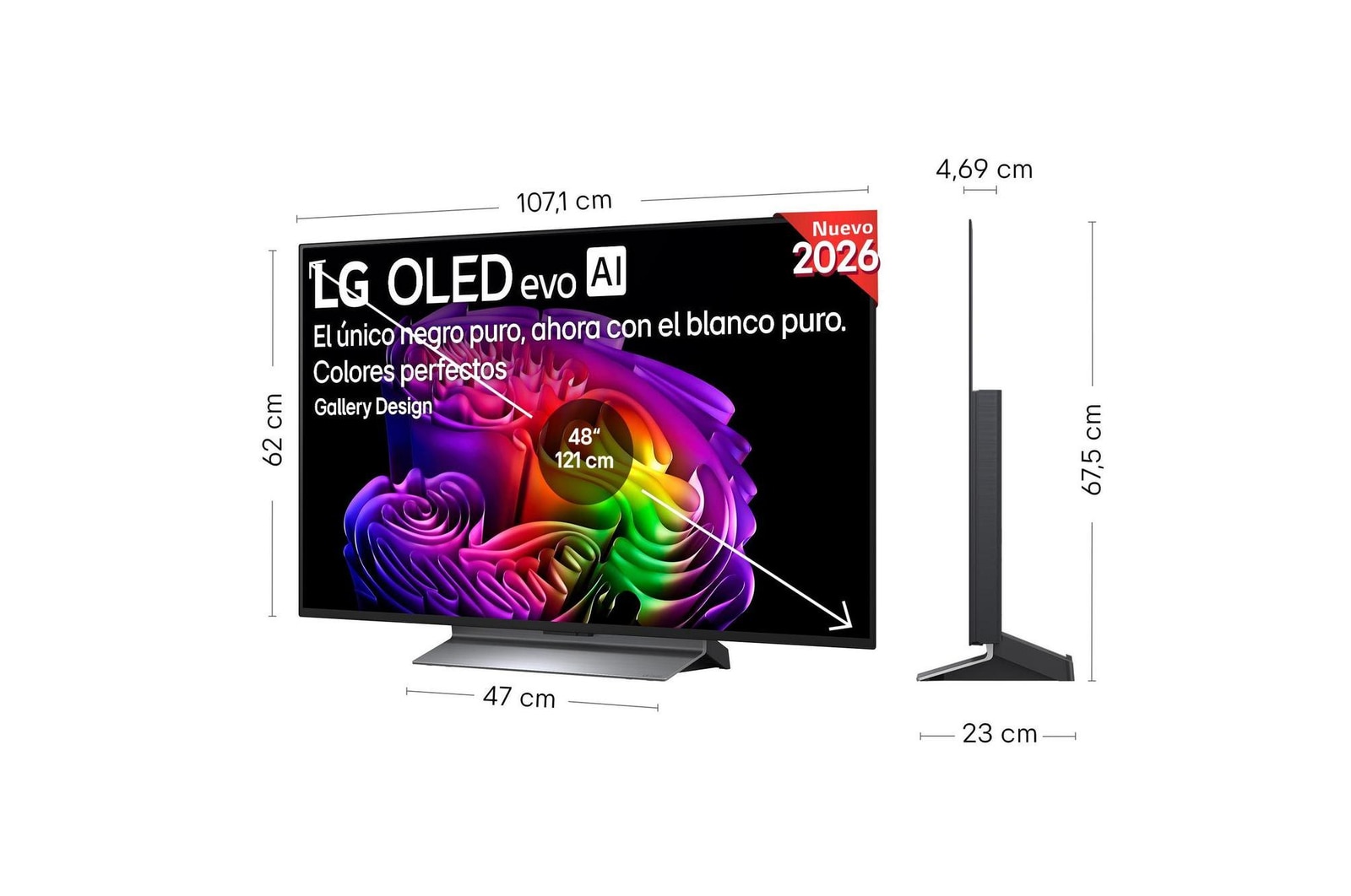 LG OLED evo AI G6 shown in front and side views highlights an 48-inch display with a 1071 mm-wide screen, 620 mm screen height, 675 mm height with stand, a 46.9 mm depth, and a stand footprint measuring 470 by 230 mm.