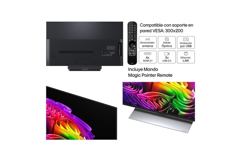 LG OLED evo AI G6 shown in front and side views highlights an 83-inch display with a 1847 mm-wide screen, 1057 mm screen height, 1115 mm height with stand, a 28 mm depth, and a stand footprint measuring 501 by 321 mm.