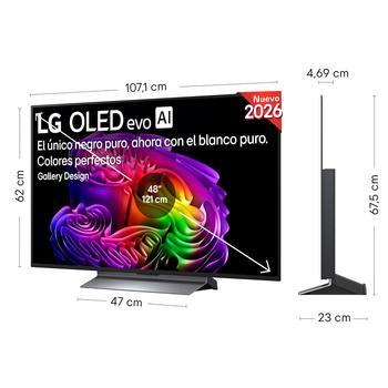 LG OLED evo AI G6 shown in front and side views highlights an 48-inch display with a 1071 mm-wide screen, 620 mm screen height, 675 mm height with stand, a 46.9 mm depth, and a stand footprint measuring 470 by 230 mm.