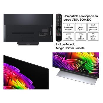 LG OLED evo AI G6 shown in front and side views highlights an 83-inch display with a 1847 mm-wide screen, 1057 mm screen height, 1115 mm height with stand, a 28 mm depth, and a stand footprint measuring 501 by 321 mm.