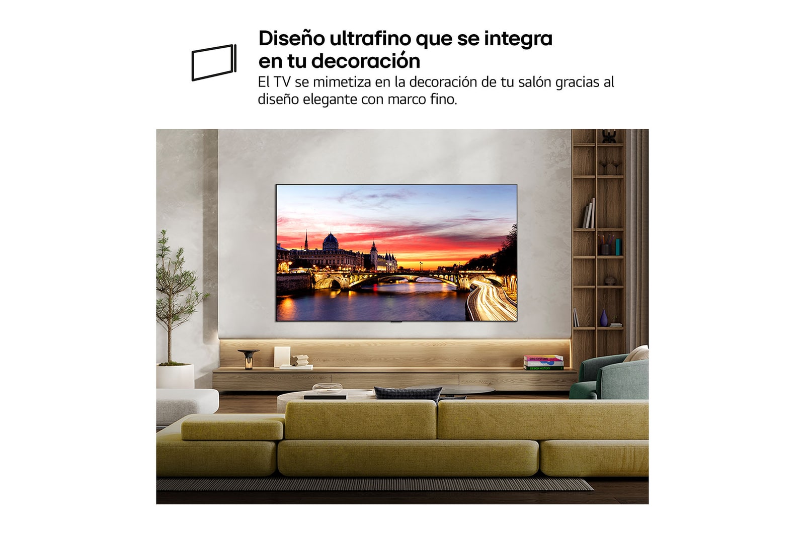 LG OLED evo AI C6 is wall-mounted in a styled living space, featuring an ultra-slim design with narrow bezels, and it displays a riverside cityscape at sunset on screen. 