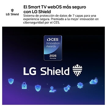 LG Shield, applied to LG OLED evo AI C6, is shown with an LG Shield logo at the center, security icons below, and a 2026 CES Innovation Awards Honoree badge above, representing data and system protection.
