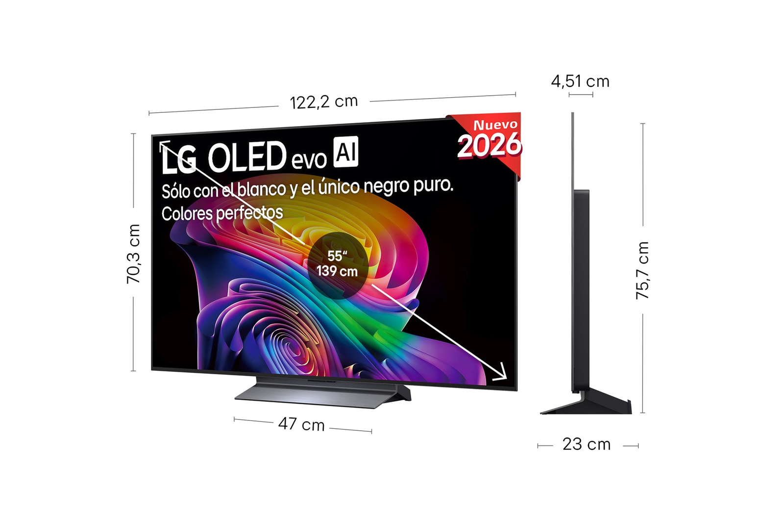LG OLED evo AI C6 shown in front and side views highlights a 55-inch display with a 1222 mm-wide screen, an overall height of 703 mm, and an ultra-slim 45.1 mm depth without a stand.